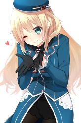 Rule 34 | 1girl, ascot, atago (kancolle), beret, black gloves, black pantyhose, black skirt, blonde hair, blue hat, blue jacket, blush, breasts, frilled sleeves, frills, gloves, green eyes, hair between eyes, hat, heart, highres, jacket, kantai collection, katsuobushi (eba games), large breasts, long hair, long sleeves, looking at viewer, medium breasts, military, military uniform, one eye closed, pantyhose, simple background, skirt, smile, solo, uniform, white ascot, white background