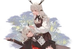 Rule 34 | aiguillette, alina (arknights), animal ears, antlers, arknights, ascot, belt, black ascot, black cape, black dress, black gloves, black shorts, blue eyes, brown eyes, cape, chinese commentary, commentary request, deer antlers, deer ears, deer girl, dragon horns, dress, fingerless gloves, gloves, highres, horns, long hair, long sleeves, looking to the side, lying, military, military uniform, mixed-language commentary, on back, on grass, on ground, outstretched arm, parted lips, puffy long sleeves, puffy sleeves, russian commentary, senmu tea, shirt, shorts, silver hair, simple background, sitting, smile, talulah (arknights), talulah the fighter (arknights), uniform, white background, white shirt