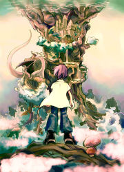 Rule 34 | 1boy, androgynous, artist request, building, castle, cloud, copyright request, denim, dragon, dress, fantasy, from behind, jeans, male focus, mushroom, pants, plant roots, purple hair, short hair, solo, standing, tower, white dress, wind