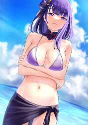 Rule 34 | 1girl, absurdres, arms under breasts, art itou, bare shoulders, bikini, blue sky, breasts, cleavage, cloud, collarbone, commentary request, cowboy shot, crossed arms, day, genshin impact, hair ornament, highres, large breasts, long hair, looking at viewer, mole, mole under eye, navel, neck garter, ocean, outdoors, purple eyes, purple hair, purple sarong, raiden shogun, sarong, sky, solo, stomach, swimsuit