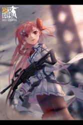 Rule 34 | 1girl, black thighhighs, blush, bow, braid, colored skin, dutch angle, finger on trigger, garter straps, girls&#039; frontline, gloves, gun, hair bow, hair ornament, hexagram, highres, holding, holding gun, holding weapon, letterboxed, litra (ltr0312), long hair, looking at viewer, motion blur, negev (girls&#039; frontline), parted lips, pink hair, pleated skirt, red bow, red eyes, side braid, single braid, skirt, smile, solo, star of david, thighhighs, weapon, white gloves, white skin