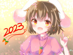 Rule 34 | 1girl, 2023, :d, animal ears, blush, brown eyes, brown hair, carrot necklace, chinese zodiac, commentary request, floppy ears, frilled sleeves, frills, inaba tewi, jewelry, looking at viewer, necklace, open mouth, pink shirt, pointing, pointing up, rabbit ears, rabbit girl, shirt, short hair, smile, solo, touhou, upper body, year of the rabbit, yukishiro yayoi