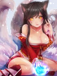 Rule 34 | 1girl, ahri (league of legends), animal ears, bare shoulders, breasts, brown hair, cleavage, collarbone, detached sleeves, facial mark, fang, fingernails, fox ears, fox tail, highres, large breasts, league of legends, lips, long hair, long sleeves, looking away, low neckline, maipou (maihana), multiple tails, sitting, slit pupils, solo, tail, wariza, yellow eyes