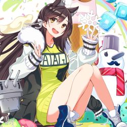 Rule 34 | 1girl, animal ears, atago (azur lane), azur lane, black hair, blue footwear, blush, breasts, brown eyes, cannon, character name, closed mouth, clothes writing, coat, collarbone, confetti, dress, extra ears, food, fur-trimmed coat, fur trim, green sweater, hair ribbon, hands up, highres, ice, ice cream, ice cube, knees together feet apart, large breasts, long hair, looking at viewer, mappaninatta, mole, mole under eye, open clothes, open coat, open mouth, oversized clothes, rainbow, ribbon, shoes, sidelocks, signature, sitting, sleeves past wrists, smile, sneakers, snowflakes, snowman, solo, sweater, sweater dress, swept bangs, torpedo, turret, untied footwear, white ribbon