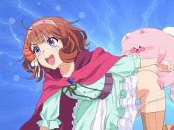 Rule 34 | 10s, 1girl, ahoge, all fours, ani inako, animated, animated gif, bestiality, brown hair, brown thighhighs, cape, clothed sex, clothes lift, dame x prince, dress, dress lift, flat chest, hair ornament, hairband, implied sex, interspecies, looping animation, mushiro (nijie728995), open mouth, panties, panty pull, purple eyes, sex, short hair, tears, thighhighs, underwear, white panties