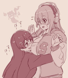 Rule 34 | 2018, 2girls, arms around waist, between breasts, blazer, blush, breasts, cleavage, copyright request, crossover, face between breasts, flying sweatdrops, hair ornament, hairclip, half-closed eyes, hands up, head between breasts, headphones, hug, jacket, kiyama satoshi, layered clothes, letterman jacket, long hair, looking at another, looking away, medium hair, monochrome, monogram, multiple girls, nijisanji, open mouth, photoshop (medium), red theme, sidelocks, super sonico, translation request, tsukino mito, tsukino mito (1st costume), upper body, virtual youtuber