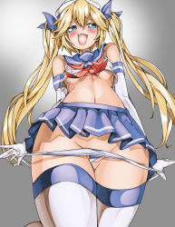 Rule 34 | 1girl, :3, absurdres, bad id, bad pixiv id, blonde hair, blue eyes, blue sailor collar, blush, breasts, elbow gloves, fang, gloves, hair ribbon, hat, highres, last origin, looking at viewer, looking down, navel, panties, panty pull, pulling own clothes, ribbon, sailor, sailor collar, sailor hat, sbac0019, small breasts, smug, solo, striped clothes, striped panties, thetis (last origin), twintails, underboob, underwear, white gloves, yume no hana (sbac0019)
