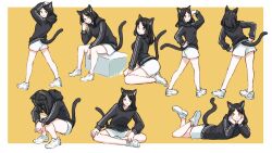 Rule 34 | 1girl, :o, animal ears, arm up, black hair, black hoodie, cat ears, cat girl, cat tail, closed mouth, commentary request, facing away, facing down, feet up, hand on own head, hand on own hip, hand up, hands on own cheeks, hands on own face, hands on own hips, head rest, hood, hood down, hoodie, indian style, invisible chair, leaning to the side, looking at viewer, looking back, lying, medium hair, multiple views, on stomach, original, outside border, own hands together, photo-referenced, shoe soles, shoes, shorts, sideways glance, simple background, sitting, smile, soujirou, swept bangs, tail, white footwear, white shorts, yellow background, yellow eyes, yokozuwari