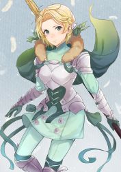 Rule 34 | 1girl, armor, blonde hair, cape, closed mouth, feathers, fire emblem, fire emblem: three houses, fur trim, green cape, green eyes, haru (nakajou-28), highres, holding, holding weapon, ingrid brandl galatea, nintendo, polearm, solo, weapon