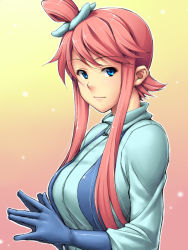 Rule 34 | 10s, 1girl, blue eyes, blush, breasts, creatures (company), game freak, gloves, gradient background, gym leader, high ponytail, large breasts, long hair, looking at viewer, looking back, nintendo, own hands clasped, own hands together, pink hair, pokemon, pokemon bw, ponytail, profile, scrunchie, short hair with long locks, sidelocks, skyla (pokemon), smile, solo, sparkle, tatsuhiko (pasutaya), turtleneck, upper body