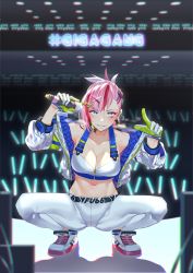 Rule 34 | 1girl, absurdres, blue eyes, breasts, character name, cleavage, commentary, commission, crowd, earrings, english commentary, english text, esencey, gloves, hair behind ear, hair ornament, hairclip, highres, holding, holding microphone, indie virtual youtuber, jewelry, leaning forward, medium breasts, microphone, midriff, navel, number hair ornament, pink hair, pointing, shoes, sneakers, solo, squatting, stage, sweat, virtual youtuber, yfu