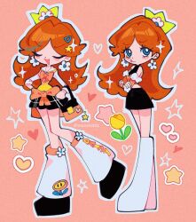 1girl alternate_costume blue_eyes bow brown_hair crown dual_persona earrings fire_flower flipped_hair full_body jewelry long_hair looking_at_viewer mario_(series) meowwniz nintendo princess_daisy school_uniform self-upload short_sleeves simple_background smile solo