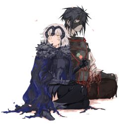 Rule 34 | 1boy, 1girl, armor, bandage over one eye, bandaged arm, bandaged head, bandages, black armor, black bandages, black eyes, black hair, black thighhighs, cape, chiemon (fate), dango, falling petals, fate/samurai remnant, fate (series), food, fur-trimmed cape, fur trim, hand on own thigh, headpiece, highres, holding, holding food, holding skewer, indian style, japanese armor, jeanne d&#039;arc alter (lancer) (fate), multiple scars, petals, plackart, ruda (ruda 0616 tfj), sanshoku dango, scar, short hair, shoulder armor, simple background, sitting, skewer, sode, thighhighs, torn cape, torn clothes, wagashi, wariza, white background, white hair, yellow eyes