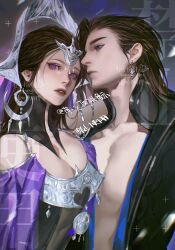 Rule 34 | 1boy, 1girl, bare pectorals, bare shoulders, black collar, black jacket, black shirt, blue eyes, bojiu xiao, breasts, brown hair, cape, chinese clothes, circlet, cleavage, closed mouth, clothing cutout, collar, collarbone, collared jacket, commentary request, commission, crown, dangle earrings, detached collar, earrings, expressionless, eyelashes, glowing, grey background, heart cutout, high collar, highres, jacket, jewelry, large breasts, light particles, lips, long hair, looking at another, looking at viewer, open clothes, open jacket, original, parted lips, pectorals, purple cape, purple eyes, red lips, sample watermark, shirt, teeth, thick eyebrows, watermark