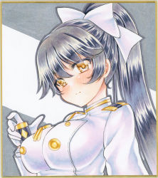 Rule 34 | 1girl, azur lane, black hair, blush, bow, breasts, buttons, commentary request, double-breasted, graphite (medium), hair between eyes, hair bow, highres, holding, holding sword, holding weapon, long hair, looking at viewer, marker (medium), medium breasts, military, military uniform, nekofish666, ponytail, sidelocks, solo, sword, takao (azur lane), traditional media, uniform, weapon, white bow, white uniform, yellow eyes