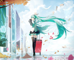 Rule 34 | 1girl, absurdres, aqua eyes, aqua hair, aqua ribbon, autumn leaves, bare shoulders, bird, black skirt, black sleeves, black thighhighs, blouse, chinese commentary, cloud, commentary, day, detached sleeves, falling petals, floating hair, flower, hair ornament, hand up, hatsune miku, hatsune miku (nt), headphones, highres, holding luggage, huge filesize, layered sleeves, long hair, luggage, ly.t, miniskirt, neck ribbon, outdoors, paper, petals, piapro, pink flower, pleated skirt, ribbon, rolling suitcase, see-through, see-through sleeves, sheet music, shirt, skindentation, skirt, sleeveless, sleeveless shirt, solo, suitcase, thighhighs, tree, twintails, very long hair, vocaloid, walking, white bird, white shirt, wide shot, wind, zettai ryouiki