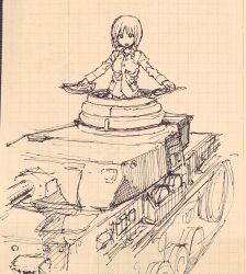 Rule 34 | 1girl, breasts, girls und panzer, greyscale, highres, kotoyama, looking at viewer, medium breasts, medium hair, military, military vehicle, monochrome, motor vehicle, nishizumi miho, ooarai military uniform, open mouth, panzer iv, school uniform, short hair, simple background, sketch, solo, tank, traditional media, white background