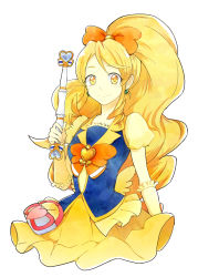 Rule 34 | 10s, 1girl, bad id, bad pixiv id, blonde hair, brooch, cure honey, earrings, eyelashes, hair ornament, hair ribbon, happinesscharge precure!, happy, heart, heart brooch, highres, jewelry, long hair, looking at viewer, magical girl, oomori yuuko, p q315, portait, portrait, precure, puffy sleeves, ribbon, shirt, simple background, skirt, smile, solo, white background, wide ponytail, wrist cuffs, yellow eyes, yellow skirt