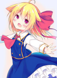 Rule 34 | 1girl, :d, ahoge, ascot, blonde hair, blue skirt, blue vest, blush, bow, brown background, collared shirt, commentary request, esureki, fang, hair between eyes, hair bow, hair flaps, head tilt, highres, long hair, long sleeves, looking at viewer, open mouth, red ascot, red bow, red eyes, rumia, shirt, simple background, skirt, skirt set, smile, solo, touhou, vest, white shirt