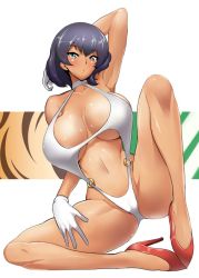 Rule 34 | 10s, 1girl, arm behind head, armpits, blush, breasts, brown hair, closed mouth, commentary request, dark-skinned female, dark skin, dutch angle, full body, girls und panzer, gloves, green eyes, head tilt, high heels, highres, hoshino (girls und panzer), huge breasts, looking at viewer, navel, o-ring, one-piece swimsuit, red footwear, sasaki tatsuya, shiny skin, short hair, sitting, slingshot swimsuit, solo, spread legs, swimsuit, tiger stripes, white gloves, white one-piece swimsuit, white slingshot swimsuit