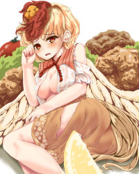 Rule 34 | 1girl, ass, bare shoulders, bird, blonde hair, blush, breasts, brown skirt, chick, chicken (food), commentary request, feathered wings, feet out of frame, food, fruit, hand up, kaeranu kaeru, lemon, lemon slice, looking at viewer, lying, medium breasts, multicolored hair, neck ribbon, niwatari kutaka, on side, open mouth, red eyes, red hair, red ribbon, ribbon, shadow, shirt, short hair, simple background, skirt, solo, tomato, torn clothes, torn shirt, torn skirt, touhou, two-tone hair, wet, wet clothes, wet shirt, white background, wings, x x, yellow wings