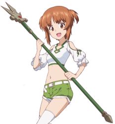 Rule 34 | 1girl, alternate hairstyle, belt, brown eyes, brown hair, clothing cutout, commentary, cosplay, cropped shirt, frilled sleeves, frills, girls und panzer, green shorts, hair up, holding, holding staff, kanne (sousou no frieren), kanne (sousou no frieren) (cosplay), kayabakoro, looking at viewer, midriff, navel, nishizumi miho, open mouth, shirt, short hair, short shorts, short sleeves, shorts, shoulder cutout, simple background, smile, solo, sousou no frieren, staff, standing, thighhighs, two side up, white background, white belt, white shirt, white thighhighs
