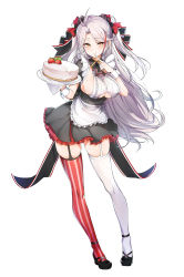 Rule 34 | 1girl, antenna hair, apron, asymmetrical legwear, azur lane, black dress, blush, breasts, cake, closed mouth, cross, dress, food, fruit, full body, garter straps, highres, iron cross, large breasts, long hair, looking at viewer, luse maonang, mismatched legwear, mole, mole on breast, multicolored hair, prinz eugen (azur lane), red thighhighs, sideboob, silver hair, simple background, skindentation, smile, solo, strawberry, streaked hair, striped clothes, striped thighhighs, thighhighs, two side up, vertical-striped clothes, vertical-striped thighhighs, waist apron, white background, white thighhighs, wrist cuffs, yellow eyes