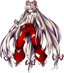 Rule 34 | 1girl, absurdly long hair, baba (baba seimaijo), bow, fujiwara no mokou, full body, hair bow, hair ornament, long hair, looking at viewer, md5 mismatch, ofuda, pants, parody, puffy pants, red eyes, resized, resolution mismatch, shirt, shoes, short sleeves, silver hair, solo, source larger, suspenders, torn clothes, torn sleeves, touhou, transparent background, very long hair, wrist cuffs