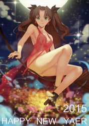 Rule 34 | 1girl, 2015, bandaid, bandaid on pussy, boots, bow, breasts, broom, broom riding, brown hair, earrings, english text, engrish text, fate/stay night, fate (series), flying, green eyes, happy new year, high heel boots, high heels, jewelry, legs, lingerie, lips, long hair, long legs, looking at viewer, looking down, navel, negligee, new year, no panties, partially visible vulva, ranguage, shuizhanglang, smile, solo, star (sky), tohsaka rin, twintails, two side up, typo, underwear