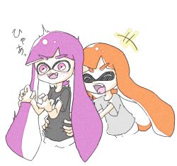 Rule 34 | 2girls, artist request, black shirt, blush, domino mask, fangs, grey shirt, hands up, inkling player character, long hair, mask, matching hair/eyes, multiple girls, nintendo, open mouth, orange hair, pointy ears, purple eyes, purple hair, shirt, short sleeves, simple background, smile, splatoon (series), surprised, teeth, tentacle hair, text focus, tickling, translated, wavy mouth, white background