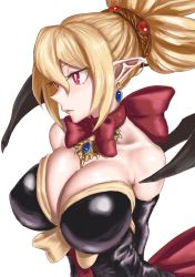 Rule 34 | 1girl, arms behind back, bare shoulders, blonde hair, bow, breasts, cleavage, collarbone, disgaea, dress, earrings, elbow gloves, gloves, jewelry, large breasts, long hair, makai senki disgaea 2, pointy ears, ponytail, red eyes, rozalin, short hair, simple background, solo, tomiokasena, white background