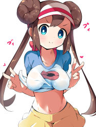 Rule 34 | 1girl, blue eyes, blush, breasts, brown hair, creatures (company), double bun, double v, game freak, hair bun, highres, long hair, looking at viewer, makuran, medium breasts, navel, nintendo, pantyhose, pokemon, pokemon bw2, rosa (pokemon), simple background, smile, solo, twintails, v, v-shaped eyebrows, visor cap, white background
