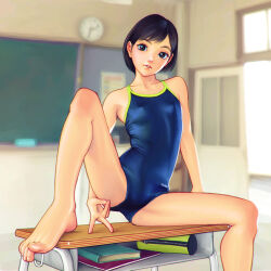 Rule 34 | 1girl, barefoot, black hair, blue one-piece swimsuit, blurry, blurry background, breasts, brown hair, covered erect nipples, desk, feet, foot out of frame, fumichika mori, indoors, knee up, lips, looking at viewer, one-piece swimsuit, original, paid reward available, parted lips, school desk, short hair, small breasts, smile, spread legs, swimsuit, thighs, toenails, toes, v
