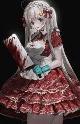 Rule 34 | 1girl, ahoge, apron, aqua gloves, black background, black eyes, blood, blood on face, bloody knife, bow, butcher knife, commentary, commission, cowboy shot, dress, empty eyes, expressionless, food, gloves, hair bow, hairband, highres, holding, holding knife, knife, layered dress, lolita fashion, lolita hairband, long hair, looking at viewer, meat, original, print dress, puffy short sleeves, puffy sleeves, red bow, red dress, ribbon, rubber gloves, short sleeves, sidelocks, skeb commission, solo, sticker, two side up, very long hair, white apron, white ribbon, youichi (45 01)