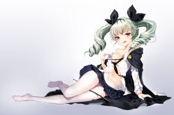 Rule 34 | 10s, 1girl, :q, anchovy (girls und panzer), bad id, bad pixiv id, bare shoulders, black ribbon, breasts, cape, come hither, drill hair, emyo, girls und panzer, gradient background, green hair, hair ribbon, long hair, looking at viewer, naughty face, navel, no shoes, pantyhose, red eyes, ribbon, solo, tongue, tongue out, twin drills, twintails, twitter username, white pantyhose