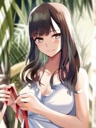 Rule 34 | 1girl, blurry, blurry background, blush, breasts, brown eyes, brown hair, closed mouth, collarbone, commentary request, depth of field, head tilt, highres, holding, holding ribbon, long hair, looking at viewer, medium breasts, mole, mole under eye, nicky w, original, plant, red ribbon, ribbon, solo, upper body