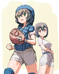 Rule 34 | 2girls, baseball glove, baseball uniform, belt, blue belt, breasts, character request, chest protector, clenched hand, double-parted bangs, fang, green eyes, grey hair, hair between eyes, hair ornament, hairclip, hand on own arm, helmet, knee pads, laorenxing, light frown, looking ahead, looking at another, medium breasts, medium hair, multiple girls, red eyes, shirt, short hair, shorts, sportswear, tamayomi, white shirt, white shorts, yamazaki tamaki