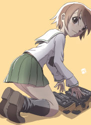 Rule 34 | 1girl, artist logo, black neckerchief, black socks, blouse, brown eyes, brown hair, closed mouth, commentary, freckles, from side, girls und panzer, green skirt, highres, kainushi, kneeling, loafers, long sleeves, looking at viewer, looking back, mechanic, miniskirt, neckerchief, one-hour drawing challenge, ooarai school uniform, pleated skirt, school uniform, serafuku, shadow, shirt, shoes, short hair, simple background, skirt, smile, socks, solo, toolbox, tsuchiya (girls und panzer), white shirt, yellow background