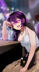 Rule 34 | 1girl, alcohol, bag, bag charm, beifeng han, blush, breasts, can, charm (object), cleavage, commentary request, drunk, earrings, fang, hair between eyes, hand rest, handbag, highres, indoors, jewelry, long hair, long skirt, looking at viewer, medium breasts, miyaura sanshio, night, no bra, open mouth, purple eyes, purple hair, shirt, sitting, skirt, smile, solo, tipsy, white shirt