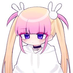 Rule 34 | 1girl, black choker, blonde hair, blush, chibi, choker, closed mouth, commentary, drawstring, expressionless, eyes visible through hair, gradient hair, hair ornament, highres, hood, hood down, hoodie, indie virtual youtuber, kur0na, kyoresu, long hair, looking at viewer, multicolored hair, pink hair, purple eyes, rabbit hair ornament, sidelocks, simple background, solo, straight hair, thick outlines, twintails, two-tone hair, upper body, virtual youtuber, white background, white hood, white hoodie