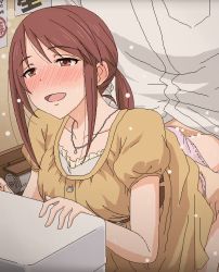 Rule 34 | 1boy, 1girl, blush, brown eyes, brown hair, clothed sex, clothing aside, collarbone, commentary request, doggystyle, hetero, idolmaster, idolmaster cinderella girls, jewelry, mifune miyu, necklace, nose blush, open mouth, panties, panties aside, pink panties, revision, sex, sex from behind, short hair, short sleeves, smile, tomu (tomubobu), underwear