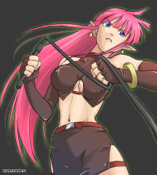 Rule 34 | 1990s (style), 1girl, bad id, bad pixiv id, blue eyes, blue seed, bracelet, breasts, earrings, gloves, jewelry, kuroko, large breasts, long hair, lowres, midriff, navel, pink hair, pointy ears, skirt, solo, valencia tachibana, whip
