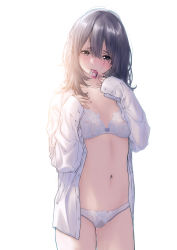 Rule 34 | 1girl, black hair, blush, bra, breasts, brown eyes, collarbone, commentary request, condom, condom in mouth, condom wrapper, cowboy shot, dress shirt, female pubic hair, flower bra, hair between eyes, hands up, highres, hikage no uta, ichijou hinata, lace, lace bra, lace panties, long sleeves, looking at viewer, medium hair, midriff, mouth hold, navel, open clothes, open shirt, panties, pubic hair, pussy juice, shirt, simple background, small breasts, solo, sweat, tanakomu, underwear, white background, white bra, white panties, white shirt