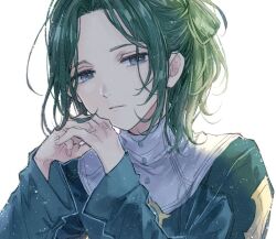 Rule 34 | 1boy, blue eyes, dark green hair, fire emblem, fire emblem: three houses, fire emblem warriors: three hopes, frown, hair intakes, hands up, hani (udauda), interlocked fingers, linhardt von hevring, long sleeves, male focus, nintendo, own hands together, parted lips, simple background, solo, turtleneck, upper body, white background