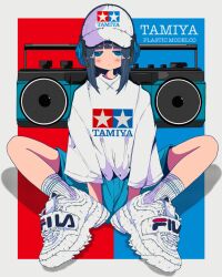 Rule 34 | 1girl, baseball cap, between legs, blue background, blue eyes, blue hair, blue shorts, blunt bangs, blush, boombox, border, closed mouth, clothes writing, dark blue hair, fila, hand between legs, hat, headphones, highres, jitome, looking at viewer, medium hair, nao97122, original, outside border, print headwear, print shirt, product placement, red background, revision, ribbed socks, shirt, shoes, shorts, sidelocks, sitting, sleeves past elbows, sneakers, socks, solo, straight-on, tamiya incorporated, two-tone background, white border, white footwear, white hat, white shirt, white socks