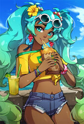 Rule 34 | 1girl, alternate costume, alternate skin color, aqua eyes, aqua hair, artist name, bikini, bikini under clothes, blue shorts, blue sky, borrowed design, bracelet, brazil, brazilian flag print, brazilian miku, cheese trail, cloud, crop top, dark-skinned female, dark skin, denim, denim shorts, drinking straw, earrings, eating, exposed pocket, eyewear on head, flower, food, hair flower, hair ornament, hair scrunchie, hatsune miku, hibiscus, holding, holding food, jewelry, long hair, looking at viewer, midriff, multicolored nails, navel, outdoors, scrunchie, shirt, short sleeves, shorts, sky, solo, sunglasses, swimsuit, tan, tied shirt, twintails, twitter username, very long hair, vmat, vocaloid, yellow flower