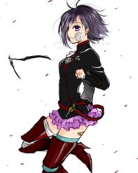 Rule 34 | 1girl, bandaged leg, bandages, bandaid, bandaid on leg, black hair, black jacket, black order uniform, blood, blood from mouth, blue thighhighs, boots, closed mouth, d.gray-man, fj81l, highres, jacket, knee boots, layered skirt, lenalee lee, long sleeves, miniskirt, pink skirt, pleated skirt, purple eyes, red footwear, simple background, single thighhigh, sketch, skirt, solo, standing, standing on one leg, sweatdrop, thighhighs, uniform, white background