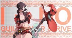 Rule 34 | 1girl, absurdres, belt, black hair, blue eyes, breasts, choker, cleavage, english text, fingerless gloves, gloves, guilty gear, guilty gear strive, guitar, hat, highres, i-no, instrument, jacket, looking to the side, nakwang, red jacket, red lips, short hair, shorts, venus symbol, witch hat