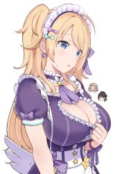 Rule 34 | 3girls, ahoge, blonde hair, blue eyes, blush, bow, breasts, chibi, chibi inset, choker, cleavage, clothes pull, clothing cutout, collarbone, commentary, dress, earrings, frilled choker, frilled dress, frills, hachimiya meguru, hair bow, hair ribbon, highres, idolmaster, idolmaster shiny colors, jewelry, kazano hiori, large breasts, long hair, looking down, maid headdress, multiple girls, name tag, open mouth, polka dot, polka dot ribbon, purple dress, ribbon, sakuragi mano, sash, short sleeves, simple background, star (symbol), star earrings, sukeroku (treeee), sweatdrop, two side up, white background, wing ornament, wrist ribbon