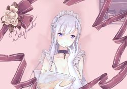 Rule 34 | 1girl, azur lane, belfast (azur lane), blush, bowl, braid, breasts, chain, character name, cleavage, closed mouth, dough, elbow gloves, english text, finger to mouth, flower, french braid, frilled gloves, frills, gloves, hair between eyes, holding, holding bowl, large breasts, long hair, looking at viewer, maid headdress, pot, purple eyes, ribbon, rose, shelf, signature, silver hair, smile, solo, tsunano (koi pink), upper body, white gloves
